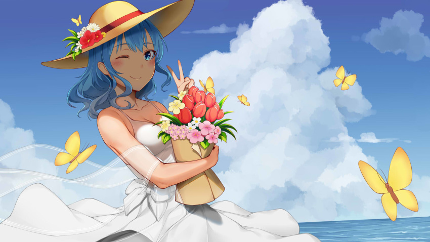 1gir 1girl blue_eyes blue_hair blush breasts bug butterfly carolrin cleavage collarbone commentary copyright_request day dress eyebrows_visible_through_hair flower hat highres insect long_hair looking_at_viewer lsolo medium_breasts one_eye_closed outdoors pink_flower red_flower solo straw_hat sun_hat v virtual_youtuber white_dress white_flower yellow_flower