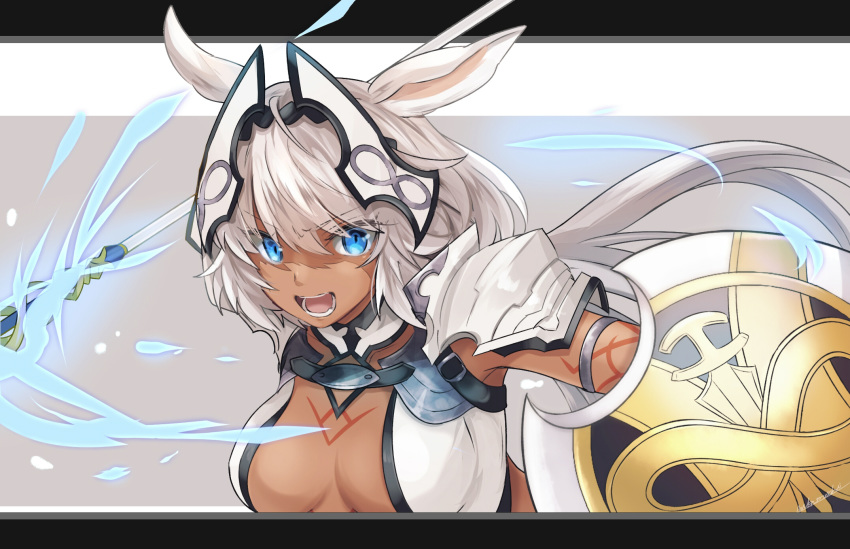 1girl animal_ears armlet bangs blue_eyes body_markings breasts caenis_(fate) dark_skin fate/grand_order fate_(series) headpiece highres large_breasts long_hair looking_at_viewer mikanmochi open_mouth pauldrons polearm ponytail shield solo spear tattoo weapon white_bikini_top white_hair