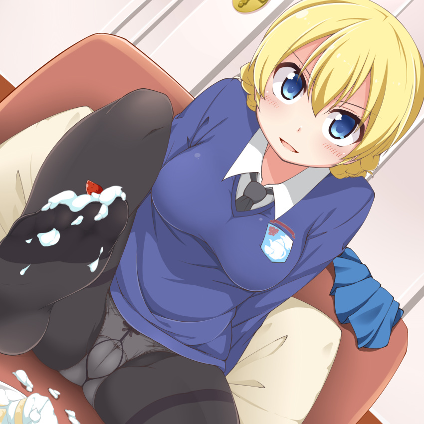1girl arms_behind_back bangs black_legwear black_neckwear blonde_hair blue_eyes blue_skirt blue_sweater bow bow_panties braid cake couch crotch_seam darjeeling_(girls_und_panzer) dou-t dress_shirt dutch_angle emblem eyebrows_visible_through_hair feet food food_on_toes fruit girls_und_panzer gusset highres indoors leg_up long_sleeves looking_at_viewer miniskirt necktie no_shoes on_couch open_mouth panties panties_under_pantyhose pantyhose pillow plate pleated_skirt school_uniform shirt short_hair sitting skirt skirt_removed smile solo st._gloriana's_(emblem) st._gloriana's_school_uniform strawberry sweater thighband_pantyhose tied_hair twin_braids underwear v-neck whipped_cream white_shirt wing_collar