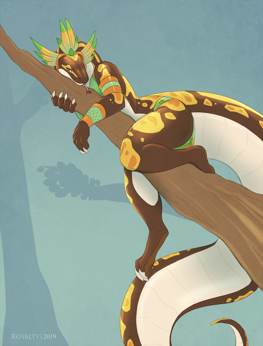 anthro ball_python colored digital_media_(artwork) female hi_res lying on_front python python_(genus) reptile royalty_(artist) scalie simple_background snake solo solo_focus tree tribal tribal_clothing