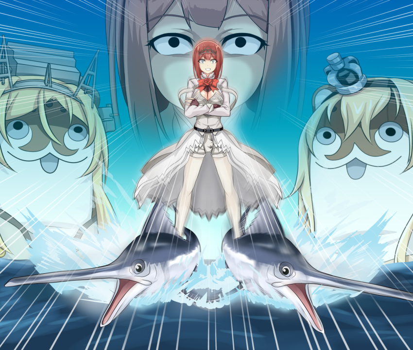 1girl ark_royal_(kantai_collection) bangs black_gloves blonde_hair blue_eyes blunt_bangs bob_cut bokukawauso breasts cleavage_cutout commentary_request cosplay crossed_arms crown emphasis_lines fingerless_gloves fish gloves grin gunbuster_pose highres inverted_bob jacket kantai_collection long_hair long_sleeves medium_breasts mini_crown nelson_(kantai_collection) nelson_(kantai_collection)_(cosplay) ocean overskirt pantyhose projected_inset red_hair short_hair shorts smile swordfish teeth tiara tilted_headwear tk8d32 warspite_(kantai_collection) warspite_(kantai_collection)_(cosplay) water white_legwear white_shorts