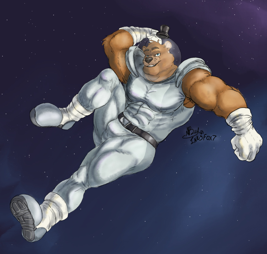 anthro brown_body brown_fur clothing five_nights_at_freddy's freddy_(fnaf) freddy_in_space_2 fur gloves half-closed_eyes handwear hat headgear headwear hi_res inkart_flow looking_at_viewer male mammal muscular muscular_male narrowed_eyes nipple_outline solo space spacesuit tight_clothing top_hat ursid video_games white_clothing white_gloves