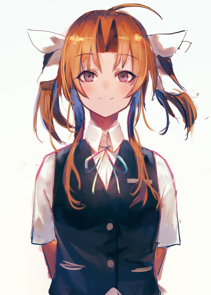 1girl absurdres ahoge arms_behind_back black_vest brown_hair eyebrows_visible_through_hair hair_ribbon highres irikawa kagerou_(kantai_collection) kantai_collection long_hair looking_at_viewer neck_ribbon remodel_(kantai_collection) ribbon school_uniform shirt short_sleeves simple_background smile solo twintails upper_body vest white_background white_ribbon white_shirt