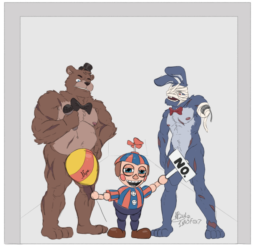 4_toes amputee anthro balloon_boy_(fnaf) bandage blue_eyes border bow_tie brown_body brown_fur clothing covering covering_crotch disability english_text five_nights_at_freddy's five_nights_at_freddy's_2 fur group half-closed_eyes hat head_wraps headgear headwear hi_res holding_microphone holding_object inkart_flow lagomorph leporid looking_at_viewer machine male mammal microphone narrowed_eyes purple_body purple_fur rabbit red_eyes robot scar sign text toes top_hat ursid video_games white_border withered_bonnie_(fnaf) withered_freddy_(fnaf)