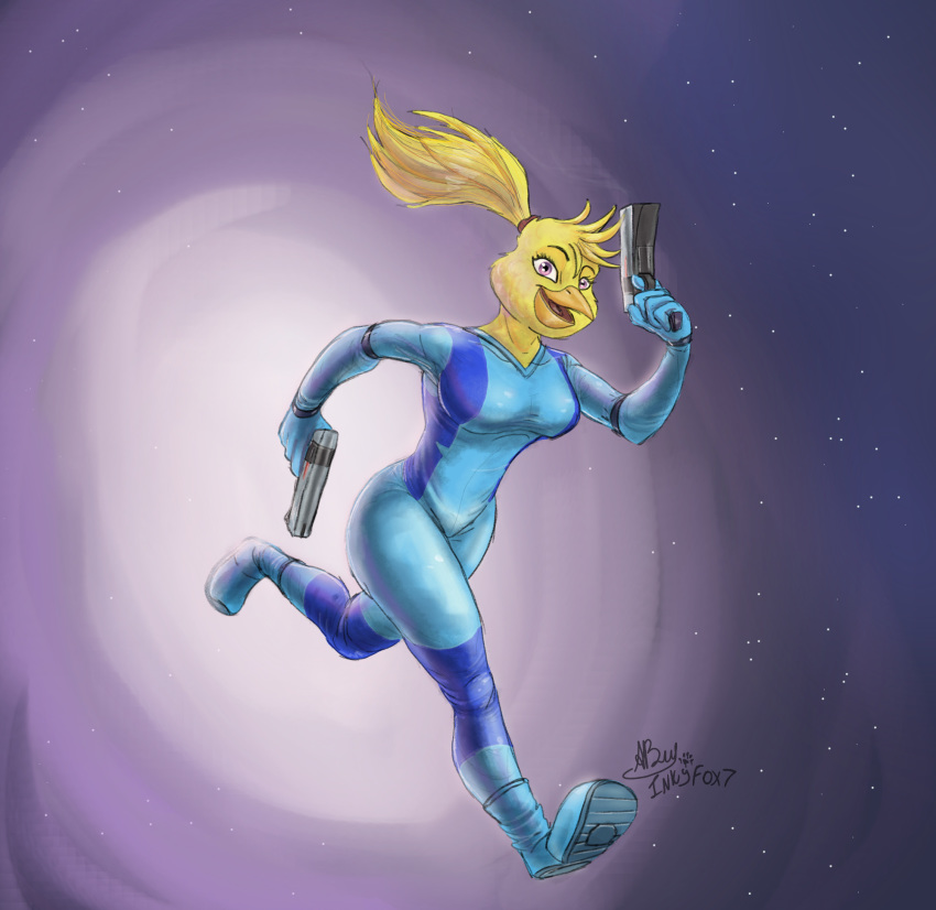 5_fingers anthro avian beak breasts chica_(fnaf) clothing dual_wielding female fingers five_nights_at_freddy's freddy_in_space_2 gun hair hi_res holding_gun holding_object holding_weapon inkart_flow metroid nintendo open_mouth ponytail purple_eyes ranged_weapon running solo space tight_clothing video_games weapon yellow_body zero_suit