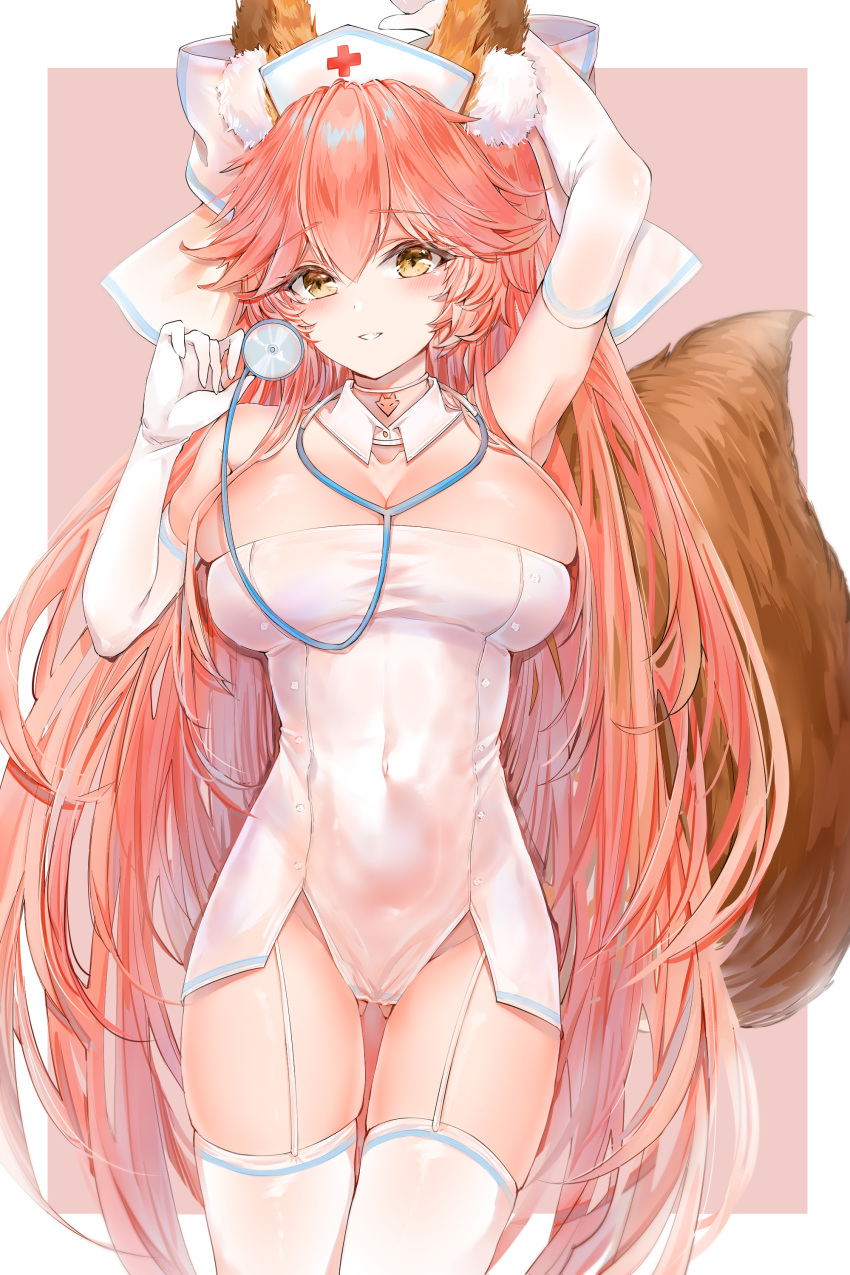 1girl absurdres animal_ear_fluff animal_ears arm_up armpits ass_visible_through_thighs breasts cleavage commentary_request detached_sleeves dress elbow_gloves fate_(series) fox_ears fox_girl fox_tail gloves hat highres large_breasts long_hair nurse nurse_cap pelvic_curtain pink_background pink_hair ribbon short_dress solo standing stethoscope tail tamamo_(fate)_(all) tamamo_no_mae_(fate) thighhighs thighs very_long_hair white_legwear white_ribbon yellow_eyes yukineko1018