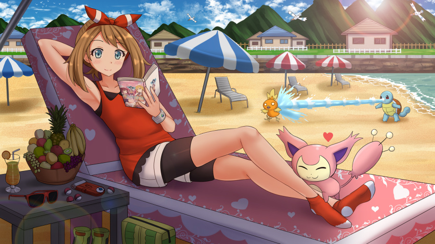 1girl arm_up bangs beach beach_chair beach_umbrella bendy_straw bike_shorts bike_shorts_under_shorts black_shorts blue_eyes blush brown_hair closed_eyes closed_mouth commission cup day drinking_glass drinking_straw error eyebrows_visible_through_hair eyewear_removed fence food fruit gen_1_pokemon gen_3_pokemon grapes hair_ribbon hand_behind_head haruka_(pokemon) heart highres house kazenokaze kiwifruit no_shoes outdoors pear pineapple poke_ball poke_ball_(generic) pokemon pokemon_(creature) pokemon_(game) pokemon_rse reclining red-framed_eyewear red_legwear red_ribbon red_tank_top ribbon short_shorts shorts shorts_under_shorts sidelocks skitty smile socks squirtle sunglasses sunlight tank_top torchic umbrella water white_shorts wingull