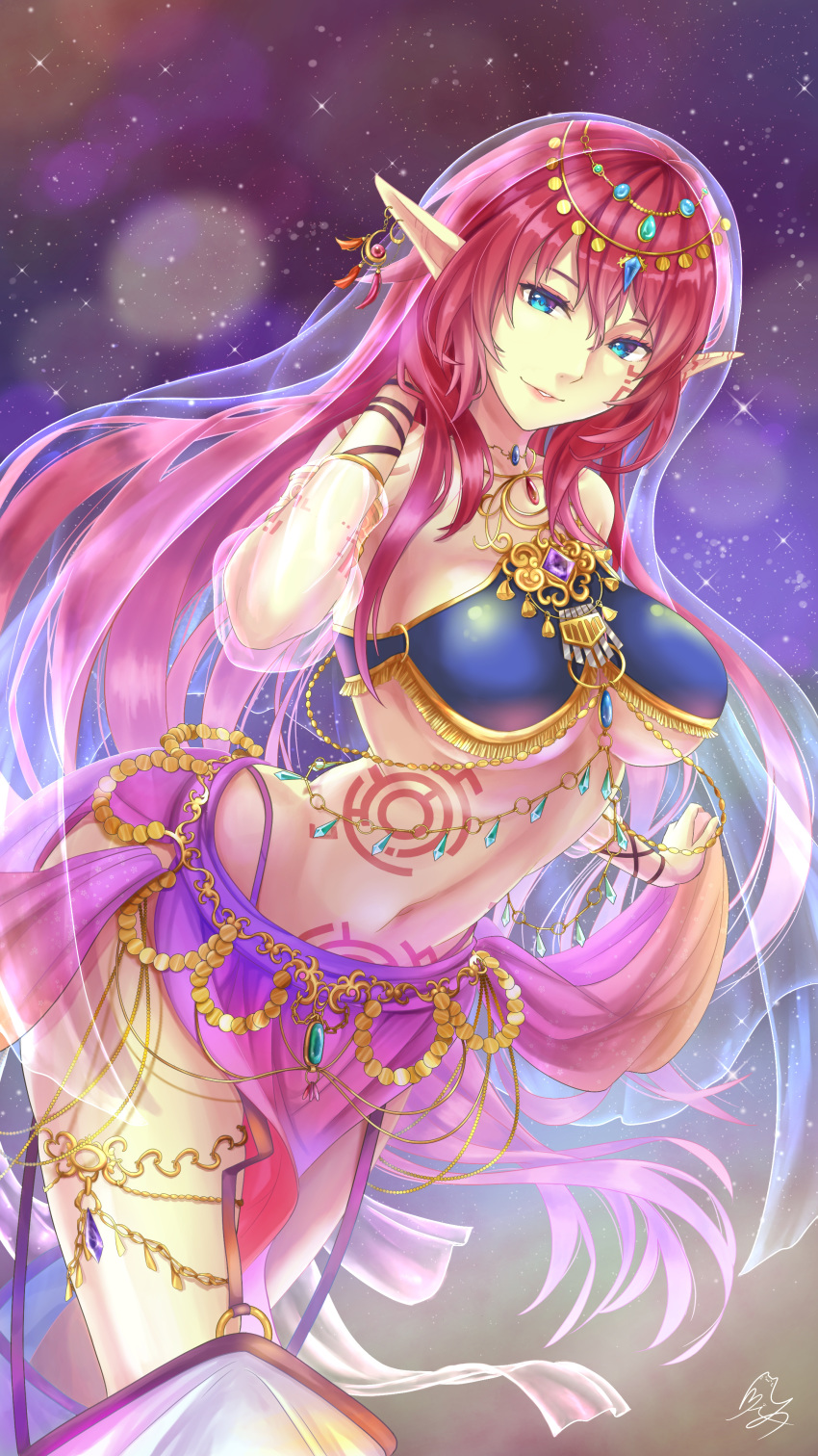 absurdres blue_eyes breasts commentary_request dancer hair_ornament highres large_breasts midriff myuria_tionysus navel pink_hair revealing_clothes skirt star_ocean star_ocean_the_last_hope tattoo totomiya