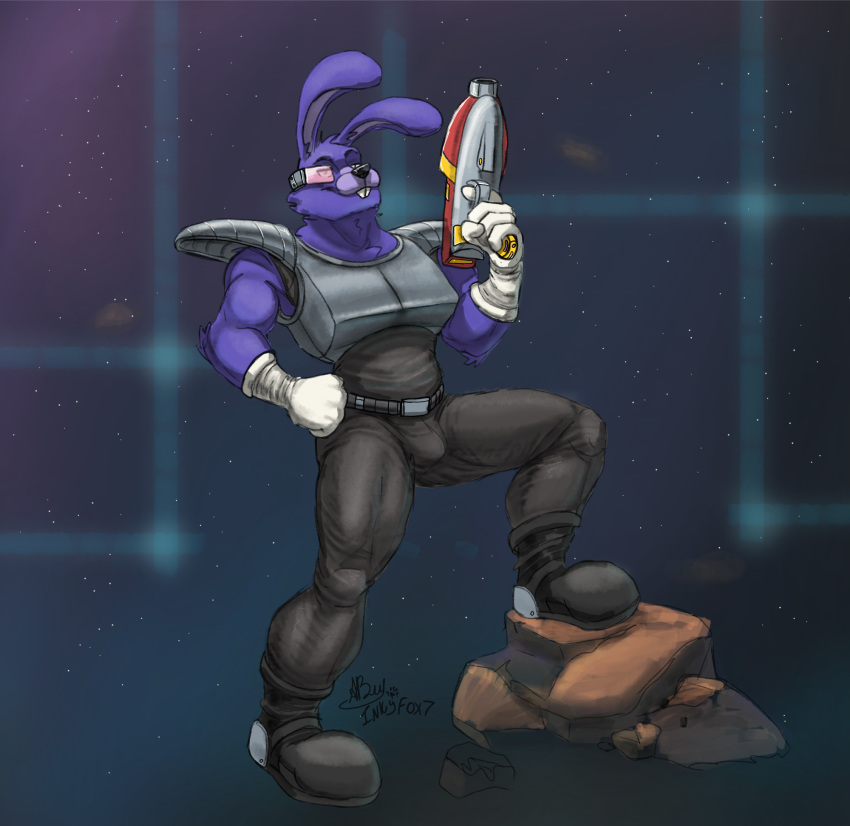 anthro armor bodysuit bonnie_(fnaf) buckteeth clothed clothing five_nights_at_freddy's freddy_in_space_2 fur gloves handwear hi_res holding_object holding_weapon inkart_flow lagomorph leporid male mammal purple_body purple_fur rabbit ranged_weapon rock scouter skinsuit solo step_pose teeth tight_clothing video_games weapon white_clothing white_gloves