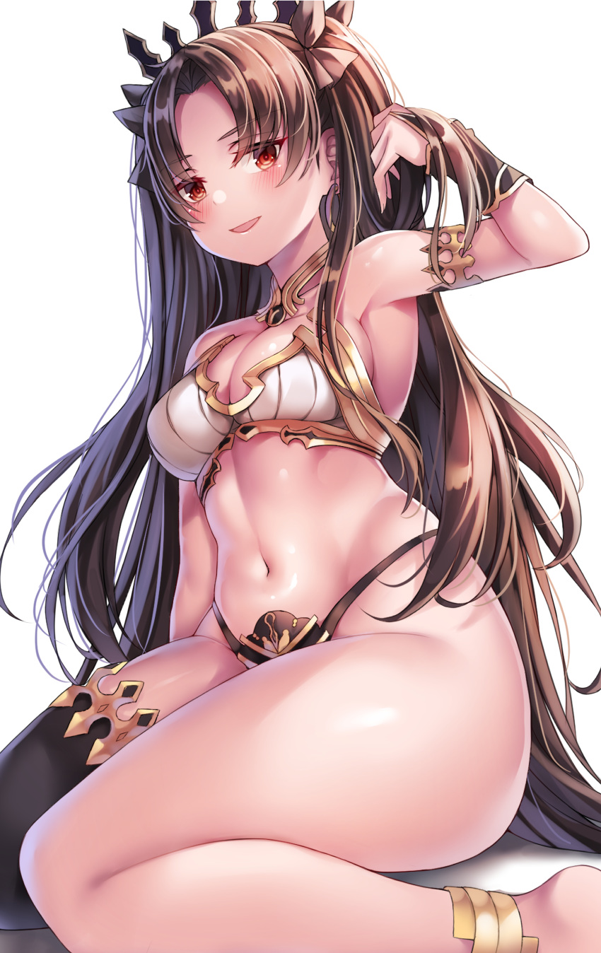 1girl absurdres anklet armlet asymmetrical_sleeves bangs bare_shoulders beeyan black_bikini_bottom black_ribbon blush breasts bridal_gauntlets crown detached_collar earrings fate/grand_order fate_(series) hair_ribbon highres hoop_earrings ishtar_(fate)_(all) ishtar_(fate/grand_order) jewelry long_hair looking_at_viewer navel parted_bangs red_eyes ribbon simple_background single_thighhigh sitting smile solo thick_thighs thighhighs thighs tiara two_side_up wariza white_background white_bikini_top