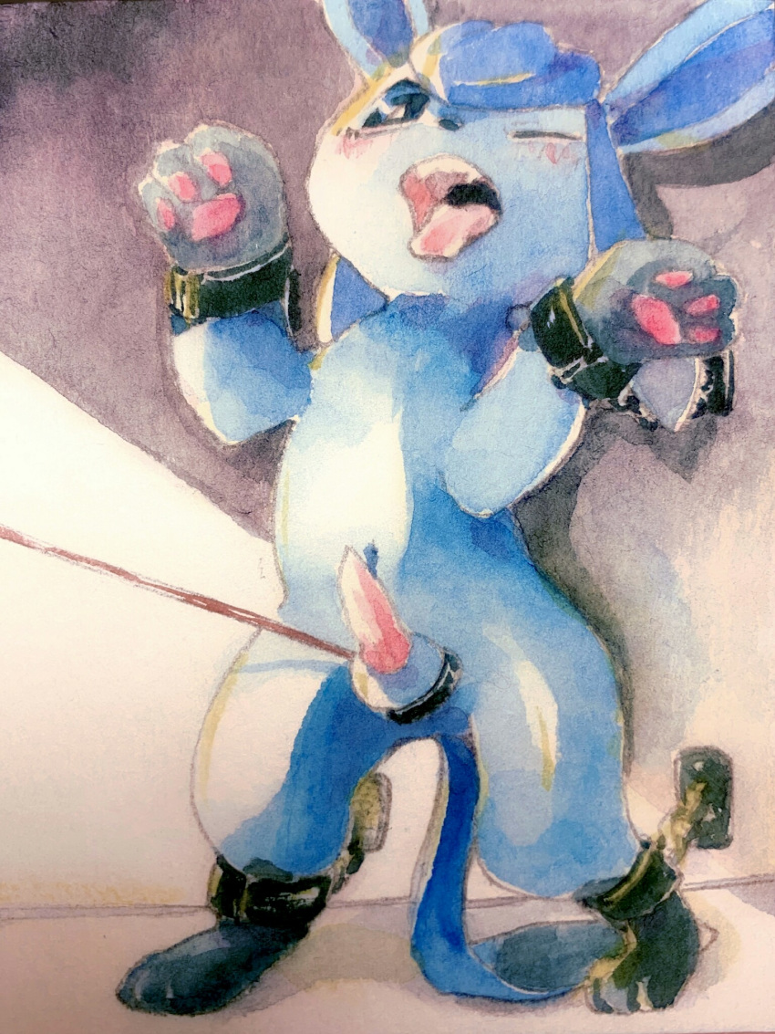 100_(artist) 2020 3:4 animal_genitalia animal_penis arms_tied bdsm blue_body blue_eyes blue_fur blush bondage bound collar cute_fangs eeveelution fangs feral fur genitals glaceon hands_tied hi_res leash leash_pull long_ears looking_at_viewer male nintendo on_hind_legs open_mouth painting_(artwork) pawpads paws penis penis_bondage pink_pawpads pok&eacute;mon pok&eacute;mon_(species) solo tongue tongue_out traditional_media_(artwork) video_games watercolor_(artwork) wince