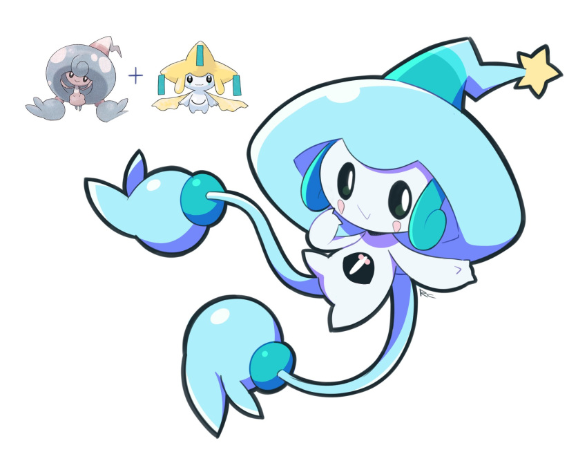 :&gt; artsy-rc closed_mouth commentary english_commentary fusion gen_8_pokemon hatenna highres jirachi looking_at_viewer no_humans plus_sign pokemon pokemon_(creature) signature simple_background smile solo white_background