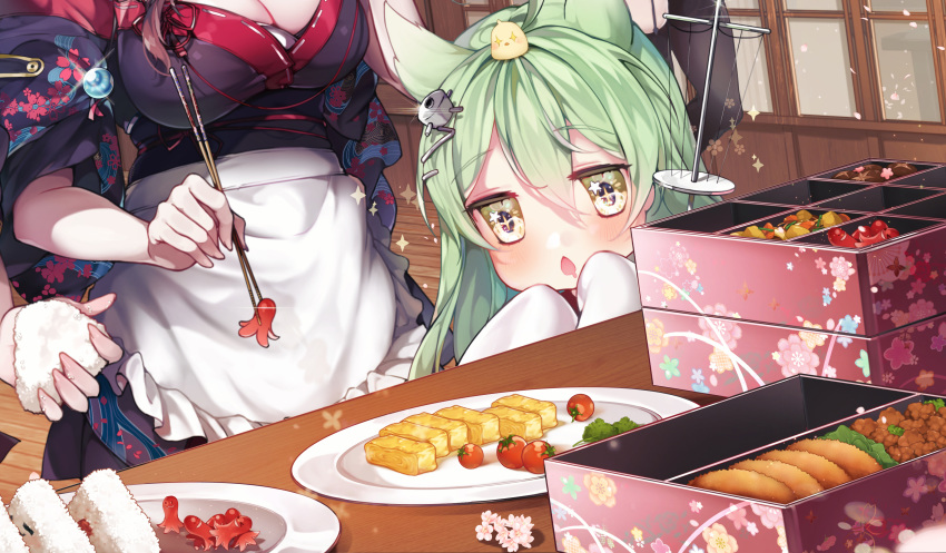 +_+ 4girls :o absurdres akashi_(azur_lane) animal_ears animal_on_head apron atago_(azur_lane) azur_lane bird bird_on_head black_kimono breasts cherry_tomato chopsticks cleavage close-up commentary_request cropped eyebrows_visible_through_hair floor food frilled_apron frills fusou_(azur_lane) green_eyes green_hair hair_ornament hairclip highres holding holding_chopsticks indoors japanese_clothes kanola_u kimono kimono_skirt kitchen long_hair multiple_girls obentou on_head onigiri plate sparkle symbol-shaped_pupils table tako-san_wiener tomato very_long_sleeves waist_apron wooden_floor yamashiro_(azur_lane)