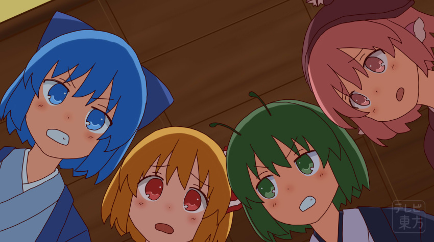 4girls angry animal_ears antennae bangs blonde_hair blue_eyes blue_hair blue_kimono blue_ribbon bow brown_headwear cirno eyebrows_visible_through_hair from_below green_eyes green_hair hair_bow hat highres japanese_clothes kimono meeting mob_cap multiple_girls mystia_lorelei pink_eyes pink_hair red_bow red_ribbon ribbon rumia short_hair team_9 totoharu_(kujirai_minato) touhou winged_hat wriggle_nightbug