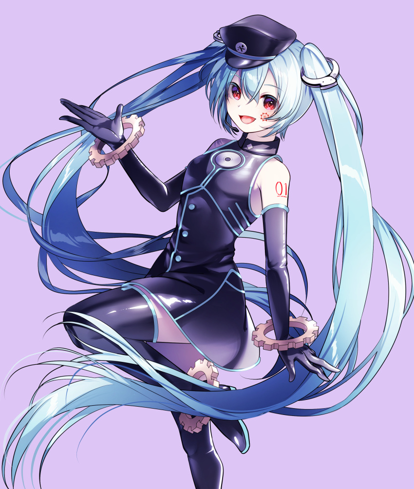 1girl aaru absurdres anklet aqua_hair bare_shoulders black_dress black_headwear black_legwear bracelet cuffs disc dress elbow_gloves gear_print gears gloves hand_up handcuffs hatsune_miku highres jewelry leg_up looking_at_viewer open_mouth purple_background red_eyes sadistic_music_factory_(vocaloid) shiny shiny_clothes shoulder_tattoo sleeveless sleeveless_dress smile solo tattoo thighhighs twintails vocaloid