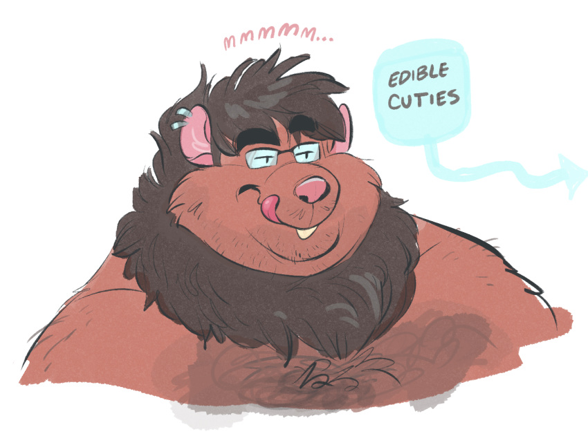 anthro black_hair brown_body brown_fur dialogue dialogue_box dramamine ear_piercing eyewear fur glasses hair hairy jagg licking licking_lips male mammal murid murine overweight overweight_male piercing rat rodent solo tongue tongue_out