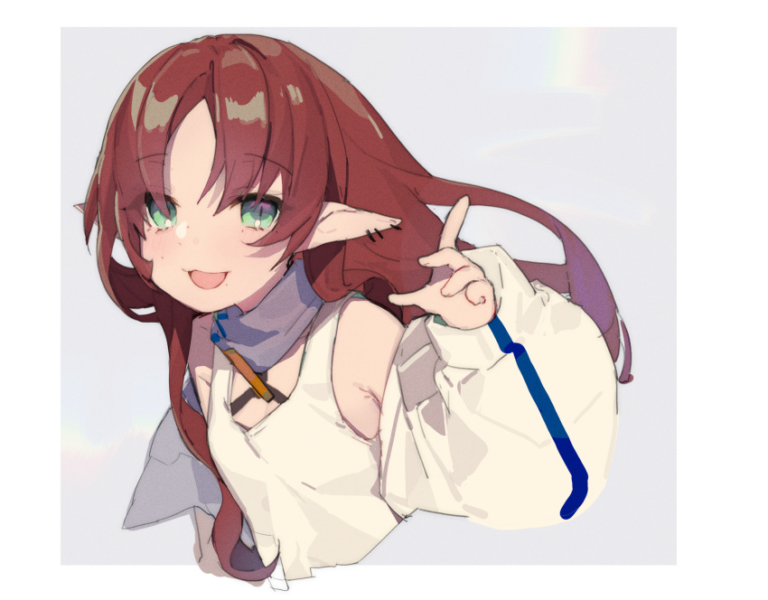 1girl :3 :d acidear arknights bangs bare_shoulders collar cropped_torso earrings flat_chest freckles green_eyes highres jacket jewelry long_hair long_sleeves looking_at_viewer myrtle_(arknights) off_shoulder open_mouth parted_bangs pointy_ears puffy_sleeves red_hair shirt sidelocks sleeveless sleeveless_shirt slit_pupils smile solo white_jacket white_shirt