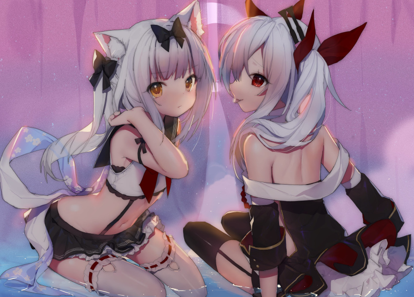 2girls absurdres acidear animal_ear_fluff animal_ears arm_ribbon azur_lane back bare_shoulders black_bow black_dress black_legwear black_skirt bow cat_ears crop_top curtains dress fang from_behind frown garter_straps hair_bow hair_ribbon hand_up highres long_hair looking_at_viewer looking_back midriff miniskirt multiple_girls navel neckerchief off-shoulder_dress off_shoulder orange_eyes profile red_eyes red_ribbon ribbon sailor_collar school_uniform serafuku shirt sitting skirt sleeveless sleeveless_shirt stomach suspenders thighhighs tongue tongue_out two_side_up vampire_(azur_lane) water white_hair white_legwear white_ribbon white_shirt yukikaze_(azur_lane) zettai_ryouiki