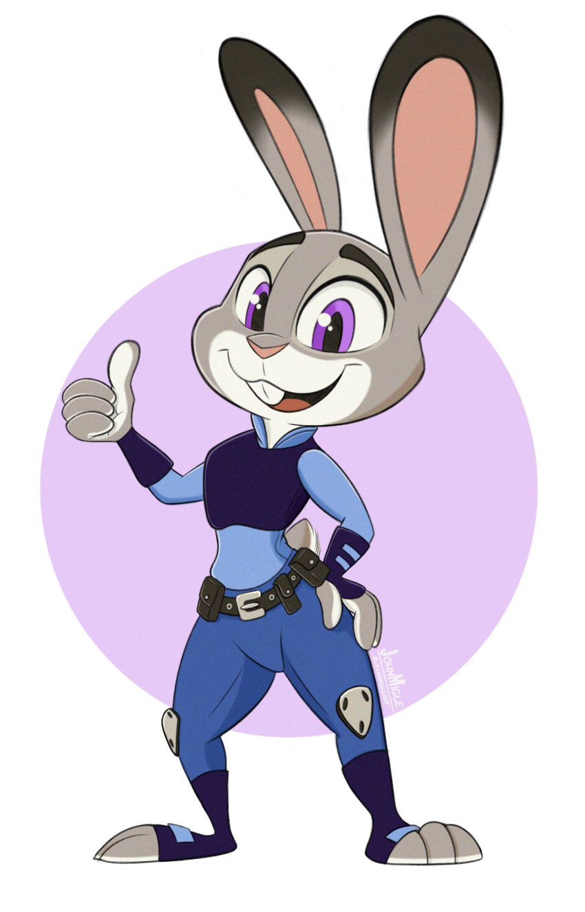 2019 anthro buckteeth clothed clothing disney female fully_clothed fur gesture grey_body grey_fur hi_res johnmigleart judy_hopps lagomorph leporid mammal open_mouth open_smile purple_eyes rabbit simple_background smile solo standing teeth thumbs_up zootopia