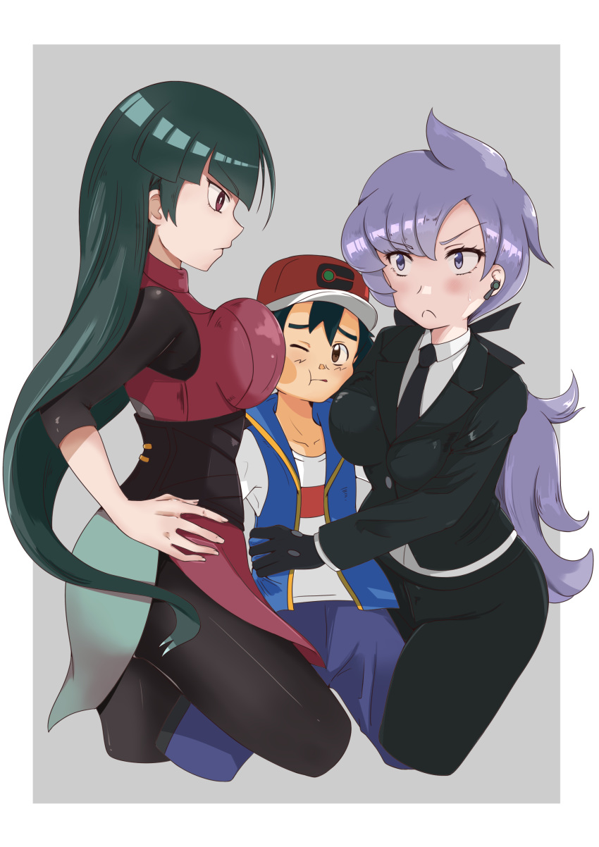 1boy 2girls absurdres black_hair blush breasts brown_eyes green_hair highres large_breasts multiple_girls natsume_(pokemon) pokemon pokemon_(anime) pokemon_(game) pokemon_swsh_(anime) purple_hair satoshi_(pokemon)