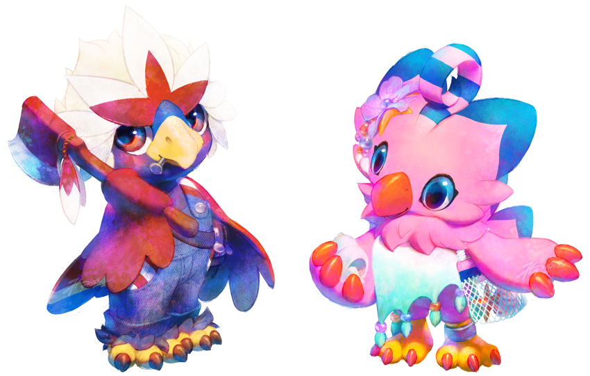 alpha_channel animal_crossing anthro avian bag beak biyomon black_claws blue_body blue_eyes blue_feathers braviary claws clothing digimon digimon_(species) duo feathers female flower hi_res holding_object male nintendo pink_body pink_feathers plant pok&eacute;mon pok&eacute;mon_(species) red_beak red_body red_claws red_feathers ring simple_background toe_claws transparent_background tuft video_games white_body white_feathers yellow_beak