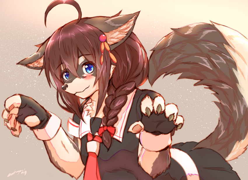 2019 5_fingers black_hair black_nose blue_eyes blush braided_hair canid canine canis clothing daiha domestic_dog female fingers gloves hair handwear hi_res looking_at_viewer mammal pawpads school_uniform simple_background smile solo uniform