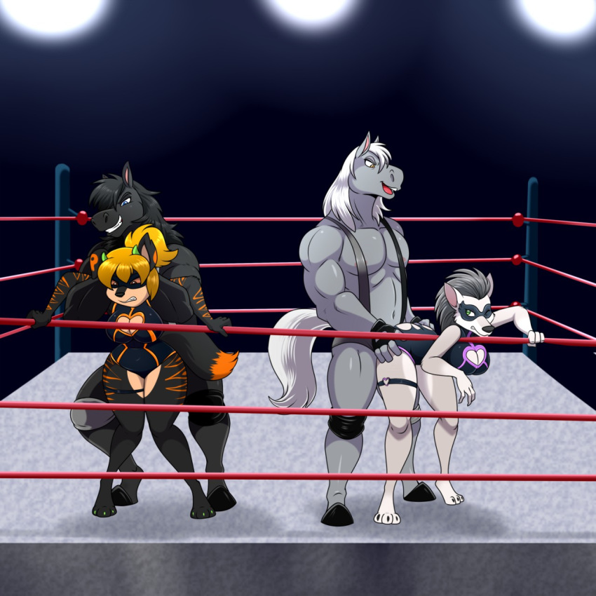 1:1 anthro aryaline bent_over big_breasts black_body black_fur blizzard_entertainment breasts canid canine canis cleavage cleavage_cutout clothed clothing defeat demon digital_media_(artwork) domination equid equine female fighting_ring from_behind_position fur group hair hero heroine hi_res horse leotard lonbluewolf male male/female male_domination mammal mask muscular muscular_male rubber sex standing submissive submissive_female thick_thighs thigh_strap tolerie topwear torn_clothing video_games warcraft were werecanid werecanine werewolf white_body white_fur wide_hips wolf worgen wrestling