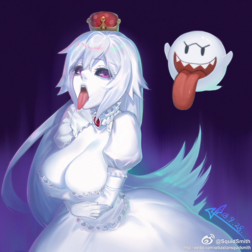 1girl aura black_sclera boo breast_hold breasts choker cleavage crossed_arms crown dress elbow_gloves eyelashes frilled_dress frills gem ghost gloves highres long_hair long_tongue looking_at_viewer mario_(series) new_super_mario_bros._u_deluxe open_mouth pale_skin princess_king_boo puffy_short_sleeves puffy_sleeves purple_eyes red_eyes short_sleeves solo_focus squidsmith super_crown tongue tongue_out very_long_hair white_dress white_gloves white_hair white_skin