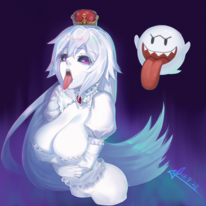 1girl aura black_sclera boo breast_hold breasts choker cleavage corset cropped_legs crossed_arms crown elbow_gloves eyelashes frills gem ghost gloves highres long_hair long_tongue looking_at_viewer mario_(series) new_super_mario_bros._u_deluxe no_panties no_pussy open_mouth pale_skin princess_king_boo puffy_short_sleeves puffy_sleeves purple_eyes red_eyes short_sleeves solo_focus squidsmith super_crown tongue tongue_out very_long_hair white_gloves white_hair white_skin