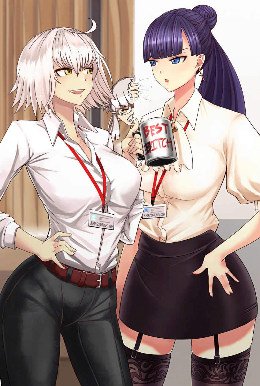 2girls :o absurdres ahoge bangs belt black_skirt blue_eyes blunt_bangs breasts brown_belt casul collared_shirt cross cup curtains dress_shirt earrings english_commentary fate/grand_order fate_(series) garter_straps glasses hair_between_eyes hair_bun high_ponytail highres hime_cut holding holding_cup huge_filesize id_card jeanne_d'arc_(alter)_(fate) jeanne_d'arc_(fate)_(all) jewelry lanyard large_breasts multiple_girls office_lady open_mouth pants pencil_skirt penthesilea_(fate/grand_order) purple_hair saint_martha shirt short_hair silver_hair skirt standing straight_hair thighhighs white_shirt yellow_eyes