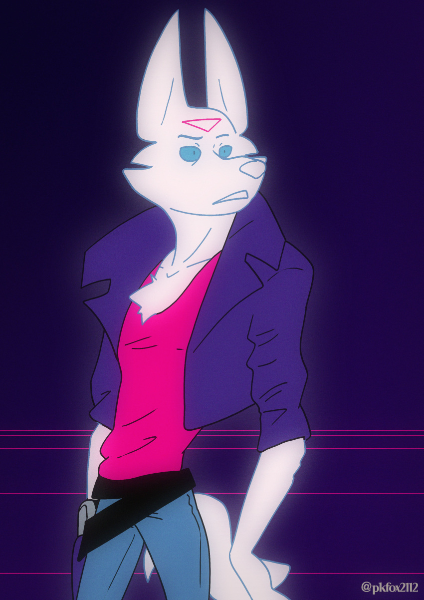 80's_theme absurd_res aesthetic anthro bottomwear canid canine canis clothing gun handgun hi_res humanoid jacket jeans leather leather_jacket looking_offscreen magnum_bullets male mammal pants pointkillfox ranged_weapon retro revolver solo topwear tri_(magnum_bullets) weapon wolf
