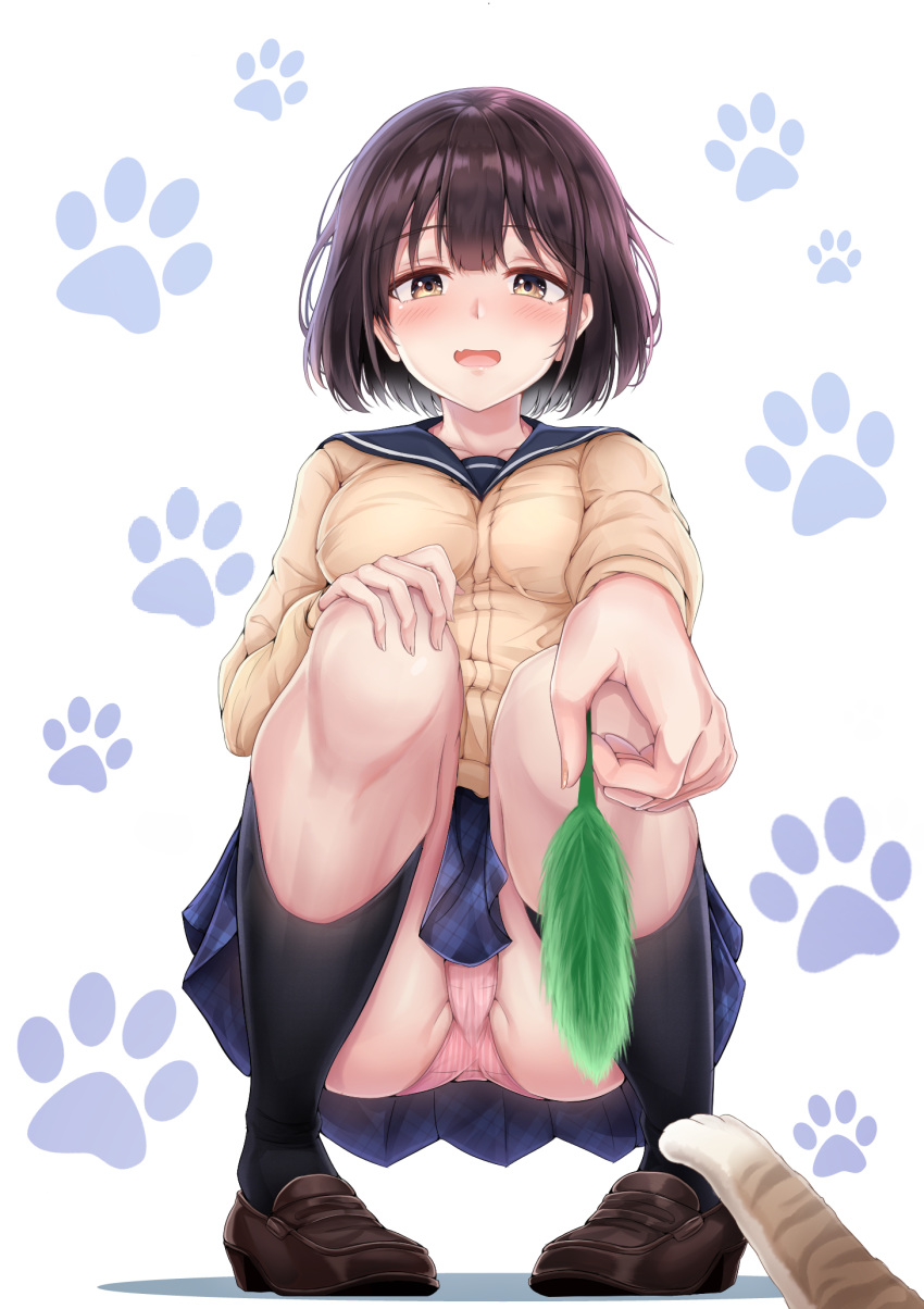 1girl animal_pov bangs black_legwear blush bob_cut breasts brown_eyes brown_hair cardigan cat collarbone crotch_seam eyebrows_visible_through_hair fang fingernails hand_on_own_knee highres holding kanta_(pixiv5741272) kneehighs loafers looking_at_viewer medium_breasts open_mouth original panties pantyshot pantyshot_(squatting) paw_print pigeon-toed pink_panties plaid plaid_skirt pleated_skirt pov sailor_collar school_uniform shoes short_hair skin_fang skirt solo squatting striped striped_panties underwear vertical-striped_panties vertical_stripes