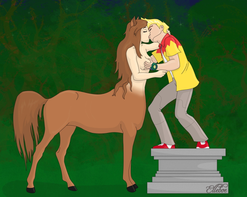 2011 alternate_species blonde_hair bottomwear breast_grab breasts brown_hair centaur clothing diana_lombard duo equid equid_taur female hair hand_on_breast hooves human human_on_taur interspecies kissing male male/female mammal mammal_taur martin_mystery martin_mystery_(series) night nude outside pants scorpia standing taur