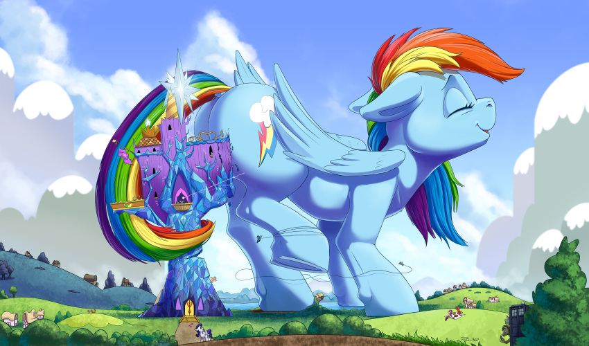 2020 absurd_res big_macintosh_(mlp) building butt castle cloud cutie_mark cutie_mark_crusaders_(mlp) day derpy_hooves_(mlp) destruction detailed_background doctor_whooves_(mlp) earth_pony equid equine eyes_closed feathered_wings feathers female female_focus feral friendship_is_magic grass group hi_res horn horse house macro male mammal mountain my_little_pony pony pterippus rainbow_dash_(mlp) scenery solo_focus spike_(mlp) spitfire_(mlp) sugar_belle_(mlp) tree tsitra360 twilight_sparkle_(mlp) winged_unicorn wings wonderbolts_(mlp)