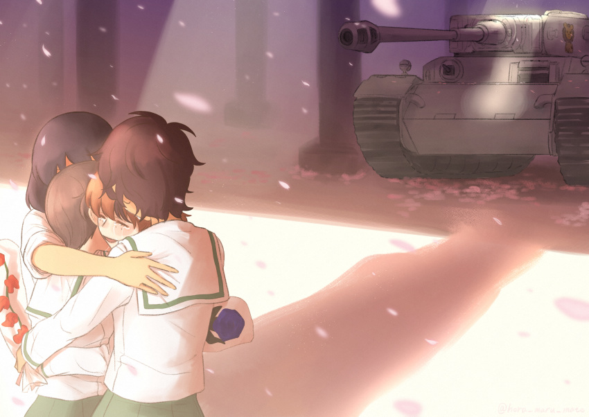 4girls bangs blouse blue_flower blue_rose bob_cut brown_hair cherry_blossoms closed_eyes commentary crying dark_skin day emblem flower freckles girls_und_panzer graduation green_skirt ground_vehicle group_hug highres holding holding_flower hora_maru_mate hoshino_(girls_und_panzer) hug leopon_(animal) long_sleeves military military_vehicle motor_vehicle multiple_girls nakajima_(girls_und_panzer) ooarai_school_uniform open_mouth pleated_skirt red_flower rose school_uniform serafuku shadow short_hair skirt sleeves_rolled_up smile standing suzuki_(girls_und_panzer) tank tears tiger_(p) tsuchiya_(girls_und_panzer) white_blouse