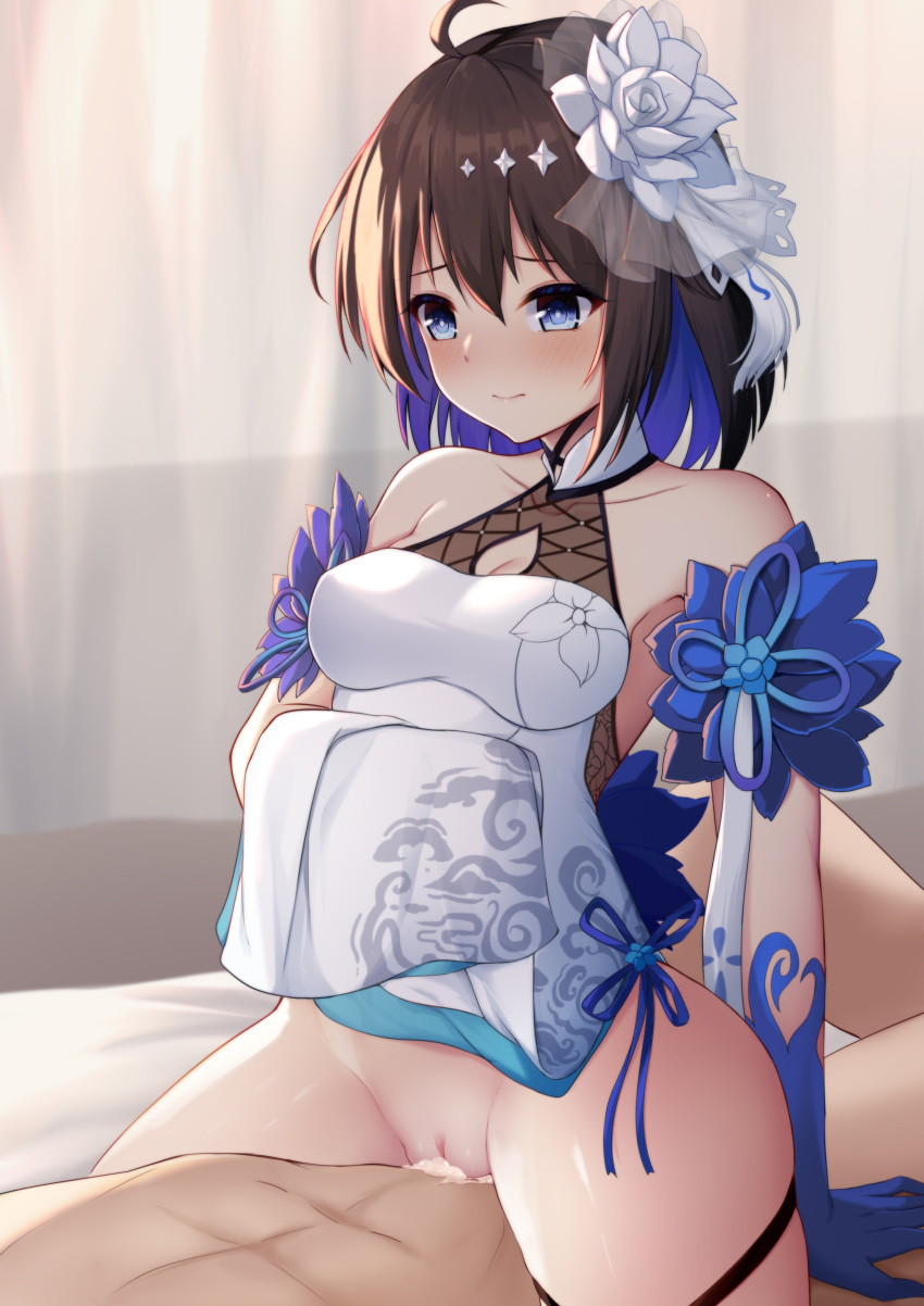 1boy 1girl absurdres bare_shoulders black_hair blue_eyes blue_gloves blue_hair blue_ribbon blush breasts china_dress chinese_clothes cowgirl_position cum cum_in_pussy curtains dress dress_lift flower gloves hair_flower hair_ornament highres honkai_(series) honkai_impact_3rd indoors lifted_by_self medium_breasts multicolored_hair on_bed pussy qunqing ribbon seele_vollerei sex smile solo_focus straddling two-tone_hair white_flower