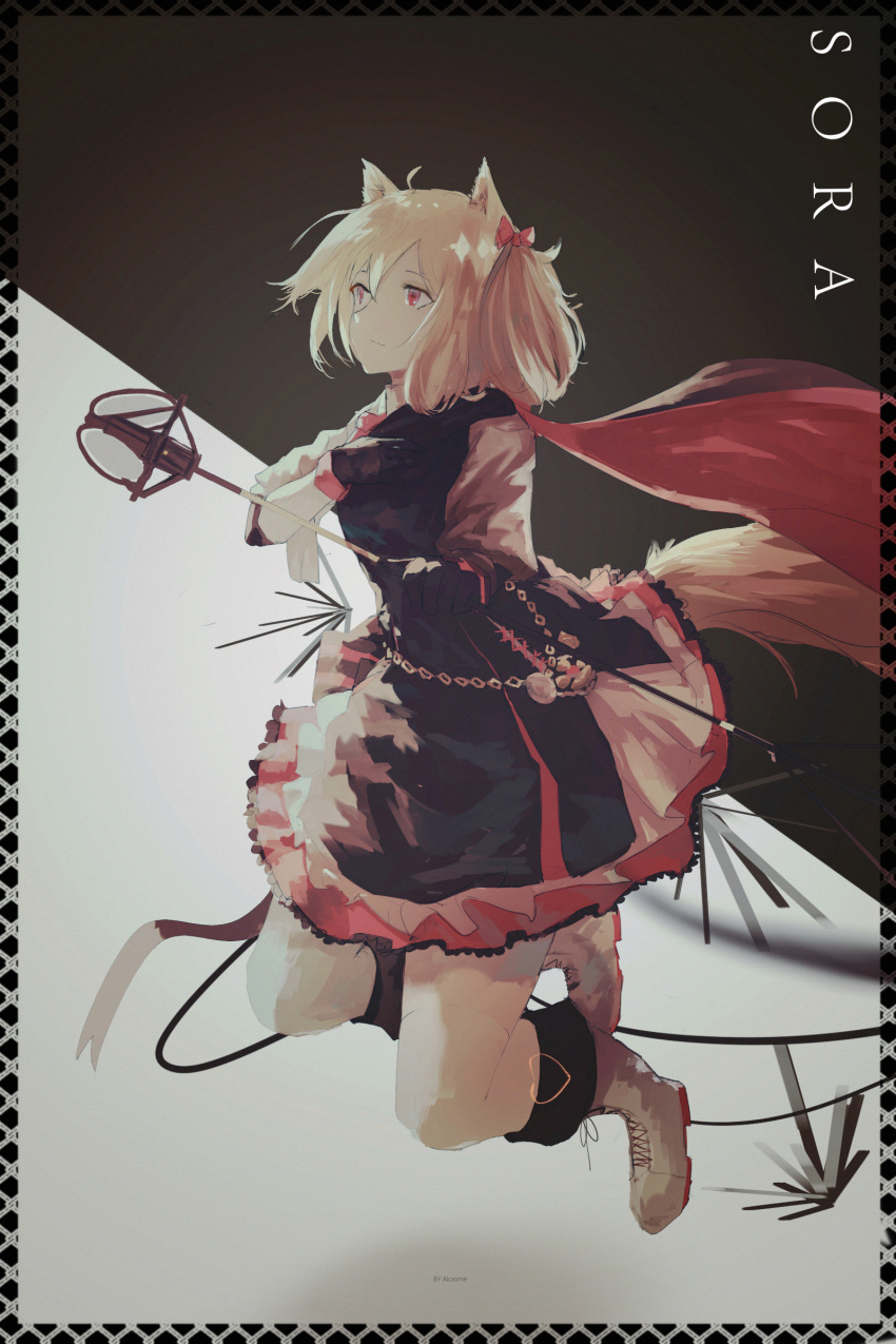 1girl absurdres ahoge alcxome animal_ears arknights artist_name black_background black_dress black_gloves blonde_hair boots border closed_mouth cross-laced_footwear dress english_commentary floating fox_ears fox_tail frilled_dress frills full_body gloves grey_background hand_on_own_chest highres looking_up medium_hair red_eyes red_scarf scarf simple_background solo sora_(arknights) staff tail thighhighs thighs twintails two-tone_background white_footwear white_legwear