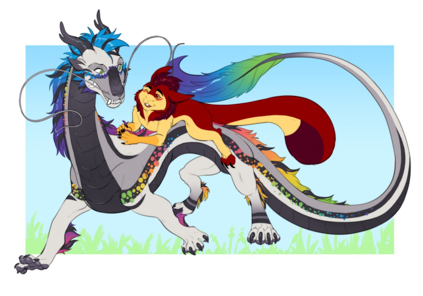 4_toes asian_mythology blue_hair digitigrade dragon duo east_asian_mythology eastern_dragon feral fur green_eyes hair horn melamoryblack mythology red_body red_fur red_hair toes