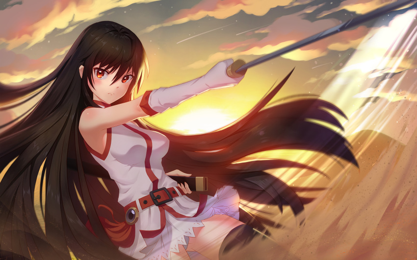 1girl akame akame_ga_kill! bangs black_hair black_legwear breasts closed_mouth dusk elbow_gloves floating_hair frown gloves hair_between_eyes highres holding holding_sword holding_weapon lisong_shen long_hair looking_at_viewer medium_breasts miniskirt outdoors panties pantyshot pleated_skirt red_eyes shiny shiny_hair shirt skirt sleeveless sleeveless_shirt solo straight_hair sword thighhighs underwear very_long_hair weapon white_gloves white_panties white_shirt white_skirt