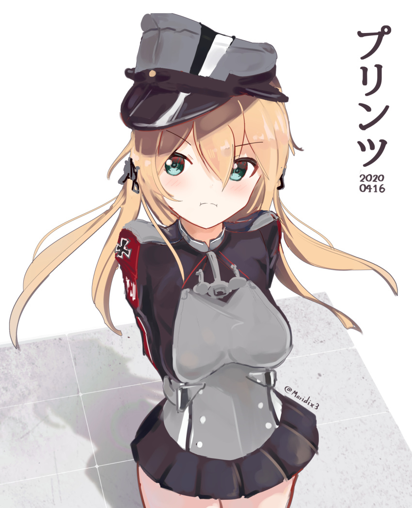 1girl anchor_hair_ornament arms_behind_back black_skirt blonde_hair character_name cowboy_shot dated green_eyes hair_ornament hat highres iron_cross kantai_collection long_hair looking_at_viewer low_twintails maridix microskirt military military_hat military_uniform peaked_cap pleated_skirt pout prinz_eugen_(kantai_collection) shadow skirt solo twintails uniform white_background