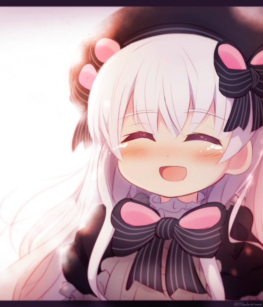 1girl :d ^_^ absurdres bangs beret black_bow black_dress black_headwear blush bow closed_eyes commentary_request crying dress eyebrows_visible_through_hair facing_viewer fate/extra fate_(series) gothic_lolita hair_between_eyes hat hat_bow highres letterboxed lolita_fashion long_hair nursery_rhyme_(fate/extra) open_mouth puffy_short_sleeves puffy_sleeves short_sleeves smile solo striped striped_bow tears twitter_username white_hair yuya090602