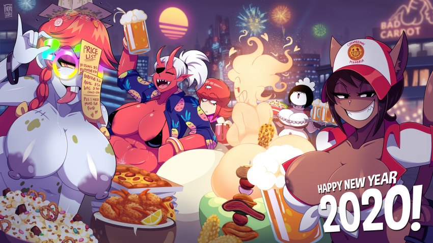 absurd_res ajeng alcohol andro_juniarto anthro areola beer beverage big_breasts big_butt breasts buckteeth butt cleavage clothed clothing elemental_creature eye_patch eyewear female fire fire_creature fireworks food group hi_res holidays horn horned_humanoid huge_breasts huge_butt humanoid looking_at_viewer looking_back maid_uniform maidbot mammal multi_eye new_year night nipples nude pizza pretzel_(food) red_body sharp_teeth smile teeth text tongue tongue_out uniform