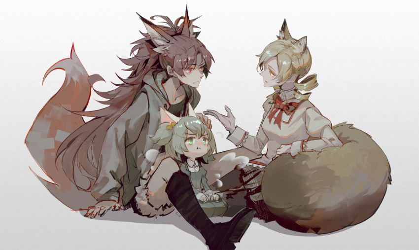 3girls animal_hat blonde_hair bow casual cat_hat chitose_yuma die_(die0118) drill_hair green_hair hair_ornament hand_on_another's_head hat highres long_hair magical_girl mahou_shoujo_madoka_magica multiple_girls open_mouth petting ponytail pout red_eyes red_hair sakura_kyouko school_uniform short_hair shorts tomoe_mami twin_drills twintails