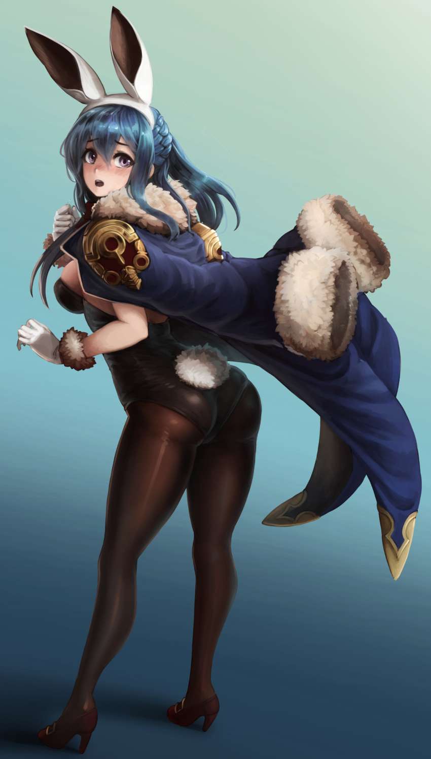 1girl animal_ears ass bangs barbariank black_legwear black_leotard blue_hair brown_footwear bunny_ears bunny_girl bunny_tail bunnysuit commentary english_commentary eyebrows_visible_through_hair fake_animal_ears fake_tail full_body fur-trimmed_gloves fur_collar fur_trim gloves gradient gradient_background granblue_fantasy hair_between_eyes high_heels highres jacket_on_shoulders leotard long_hair looking_at_viewer open_mouth pantyhose purple_eyes shoes simple_background solo tail therese_(granblue_fantasy) white_gloves