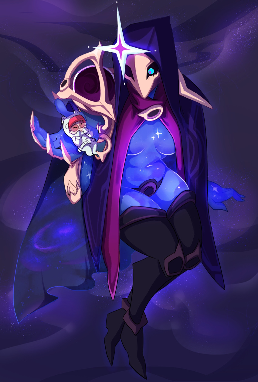 1boy 1girl artist_name astronaut astronaut_helmet blue_eyes breasts claws commission costume dark_star_jhin highres hood hood_up jhin league_of_legends looking_at_another open_eyes pacha_(pachastuff) shiny shiny_skin smile smiley_face star teemo thighhighs