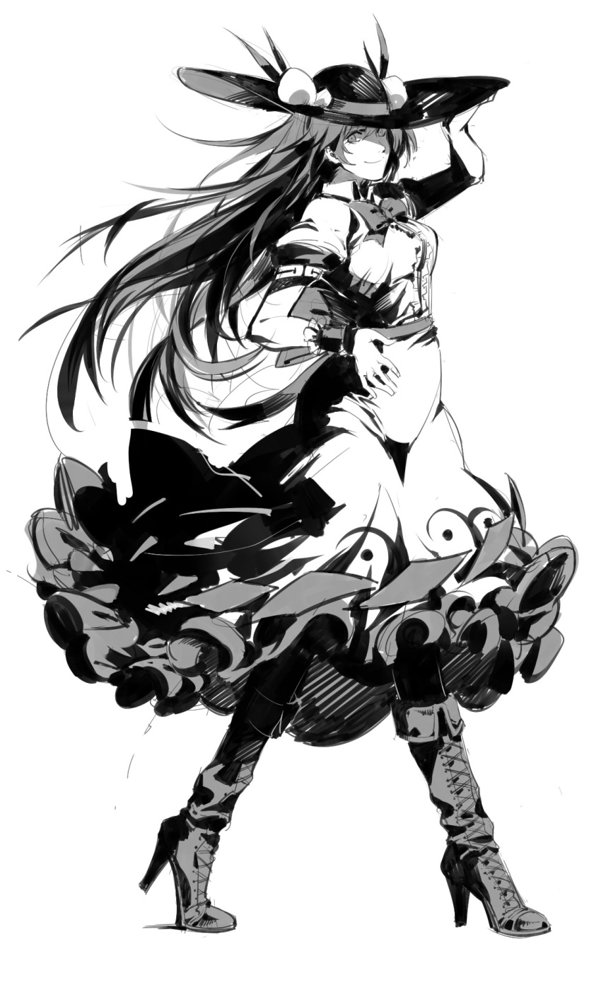 boots closed_mouth cross-laced_footwear floating_hair food frilled_skirt frills from_side fruit full_body greyscale hand_on_headwear hand_on_hip hand_up hat high_heel_boots high_heels highres hinanawi_tenshi long_hair long_skirt looking_at_viewer looking_to_the_side monochrome pantyhose peach puffy_short_sleeves puffy_sleeves ruukii_drift shirt short_sleeves simple_background skirt smile standing sun_hat touhou very_long_hair white_background