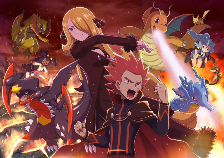 1boy 3girls absurdres beam black_hair blonde_hair blue_hair cape dragonite garchomp hair haxorus highres ibuki_(pokemon) iris_(pokemon) kingdra long mega_garchomp multiple_girls pikachu pokemoa pokemon pokemon_(game) pokemon_bw pokemon_dppt pokemon_gsc pokemon_masters pokemon_rgby ponytail red_hair shirona_(pokemon) snivy spiked_hair tagme twintails wataru_(pokemon)