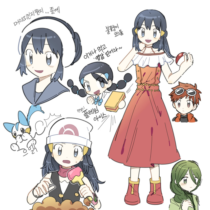 :d beanie commentary_request creature dress flat_chest gen_4_pokemon green_eyes green_hair happy hat highres holding korean_text looking_at_viewer momi_(pokemon) nozomi_(pokemon) open_mouth pachirisu pokemon pokemon_(anime) pokemon_(creature) pokemon_(game) pokemon_dppt pokemon_dppt_(anime) shoes smile standing sunglasses suzuna_(pokemon) translation_request twintails white_headwear