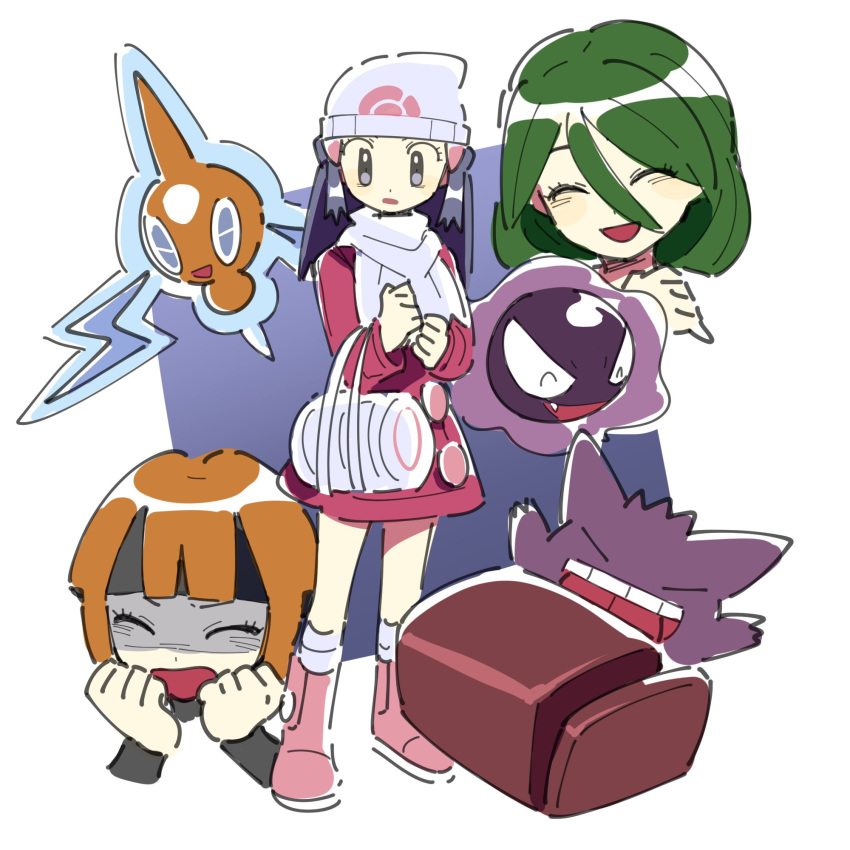 3girls bag black_hair boots closed_eyes creature dawnlover_01 facing_viewer floating gastly gen_1_pokemon gengar ghost green_hair hair_between_eyes highres hikari_(pokemon) long_hair momi_(pokemon) multiple_girls natane_(pokemon) pink_footwear pokemon pokemon_(creature) pokemon_(game) pokemon_dppt pokemon_platinum rotom rotom_(normal) scared