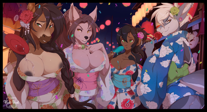 alcohol anthro asian_clothing beverage big_breasts black_border blush border breasts butt canid canine clothing detailed detailed_background dripping east_asian_clothing equid equine female fish flashing flashing_breasts fleet-foot flirtatious food fox group hair haplorhine hi_res horse humanoid illustration japan japanese japanese_clothing kealoha_(fleet-foot) kimono lanterns lights looking_at_viewer looking_back looking_down mammal marine mask monkey night nipple_piercing nipples outside pattern_clothing piercing popsicle primate robe rouge_(fossi3) sake shark smile street_fair wet yukata